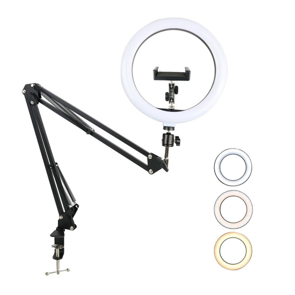 TechFlo 10" LED Selfie Ring Light Extendable Arm Stand Desk Phone Mount Dimmable